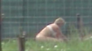 Young blonde stable female sex on public farmland with another worker