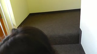 Steaming black-haired getting cum all over her tits after being bum-fucked on the stairs