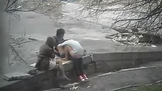 Horny girl watching passionate couple pummeling hard in public